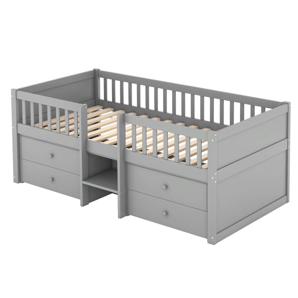 Letto a soppalco singolo 90×200 cm con 4 cassetti; spondali e scala; senza materasso; legno; grigio