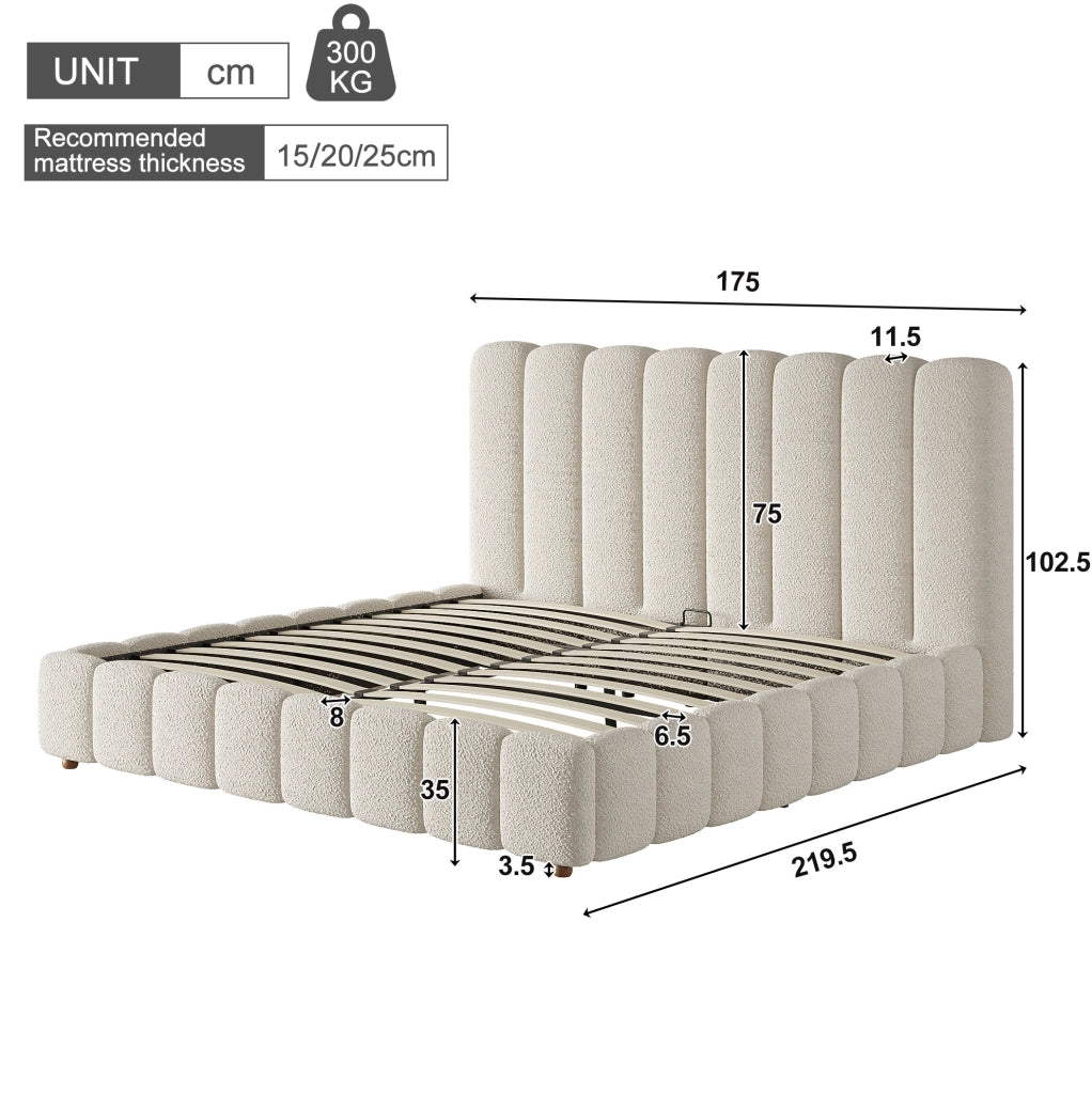 Letto imbottito 160x200 cm con contenitore idraulico; doghe incluse; bouclé bianco