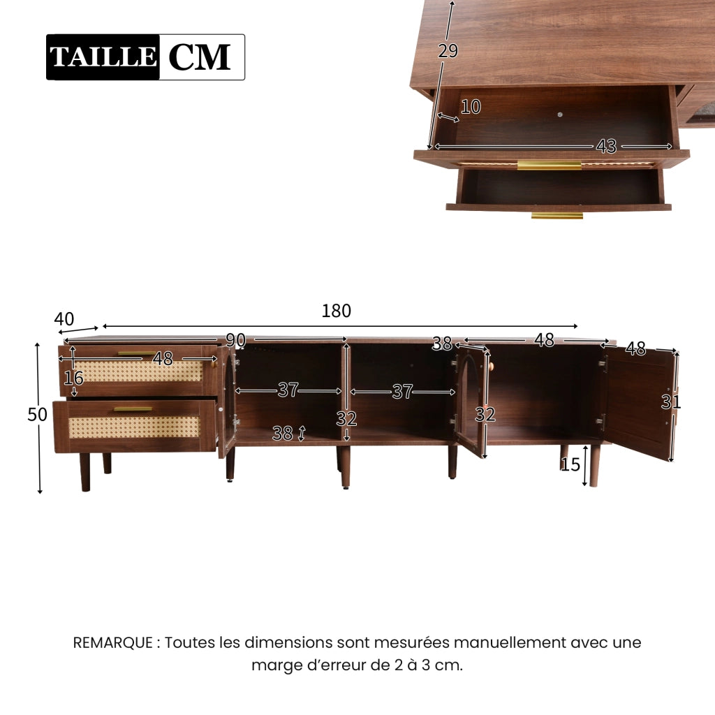 Mobile TV con 3 Ante; 2 Cassetti e LED; per Soggiorno; in Pannello di Particelle; 180 × 40 × 50 cm; Marrone