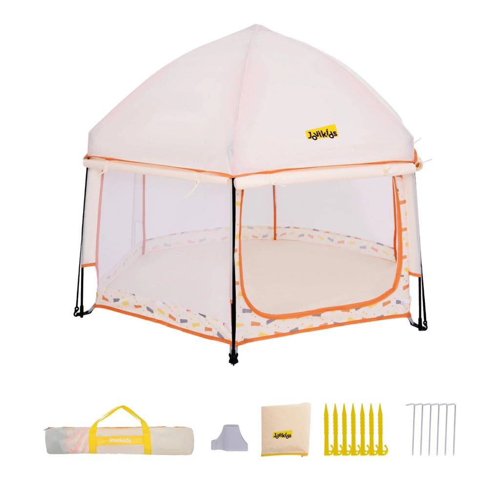 Laufstall pieghevole pop-up per bambini 150x150x105 cm in tessuto Oxford beige e arancione