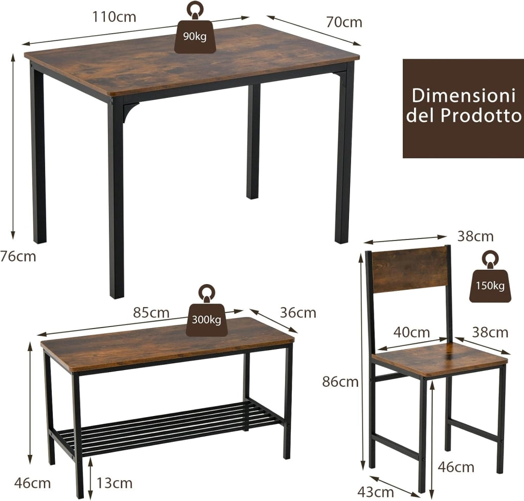 Set Tavolo e Sedie da Pranzo 4 Pezzi, Tavolo da Pranzo con 2 Sedie e 1 Panca, Set Mobili da Cucina Salvaspazio con 4 Posti, per Cucina, Sala da Pranzo, Soggiorno (Caffè)