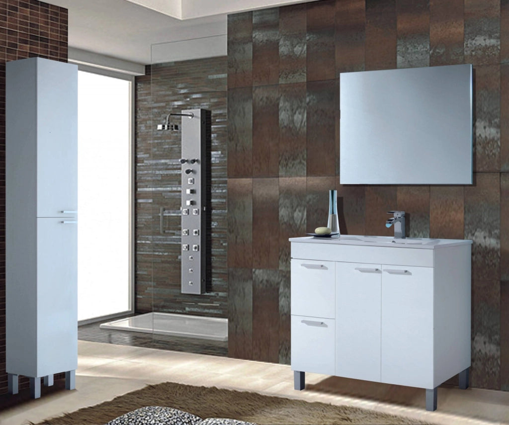 Mobile sottolavabo Aracth, Mobiletto per bagno, Armadio a 2 ante e due cassetti con specchio, lavabo non incluso, cm 80x45h80, Bianco lucido