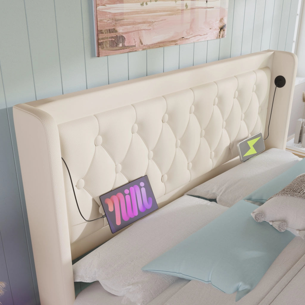 Letto matrimoniale imbottito 160x200 cm con contenitore, USB e LED a 3 lati
