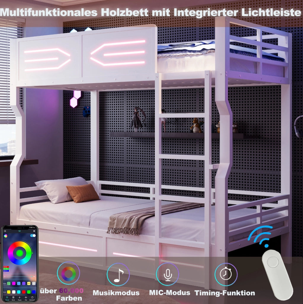 Letto a castello con scala dritta e LED 90x200 cm in MDF e metallo; bianco