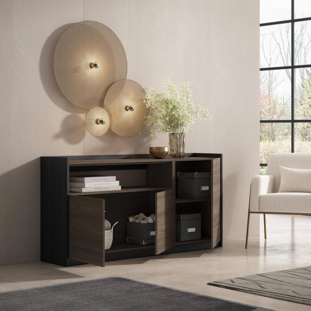 Credenza, Mobile, Cucina, 156x80x37 cm, 3 Porte, grande stoccaggio, Rovere scuro e Nero
