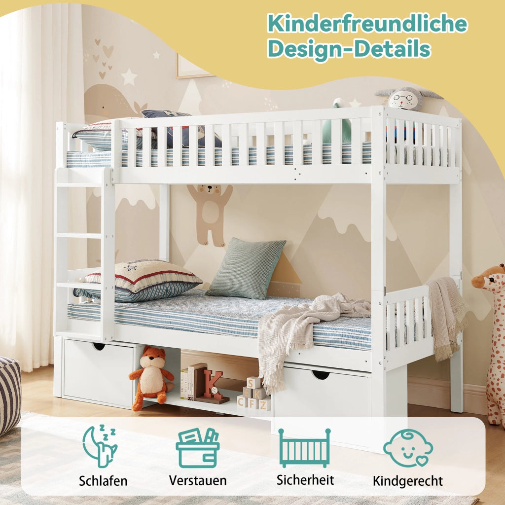 Letto a Castello Singolo in Legno Massello di Pino con Cassetti ¨C MINIMAL ¨C Bianco 90x200