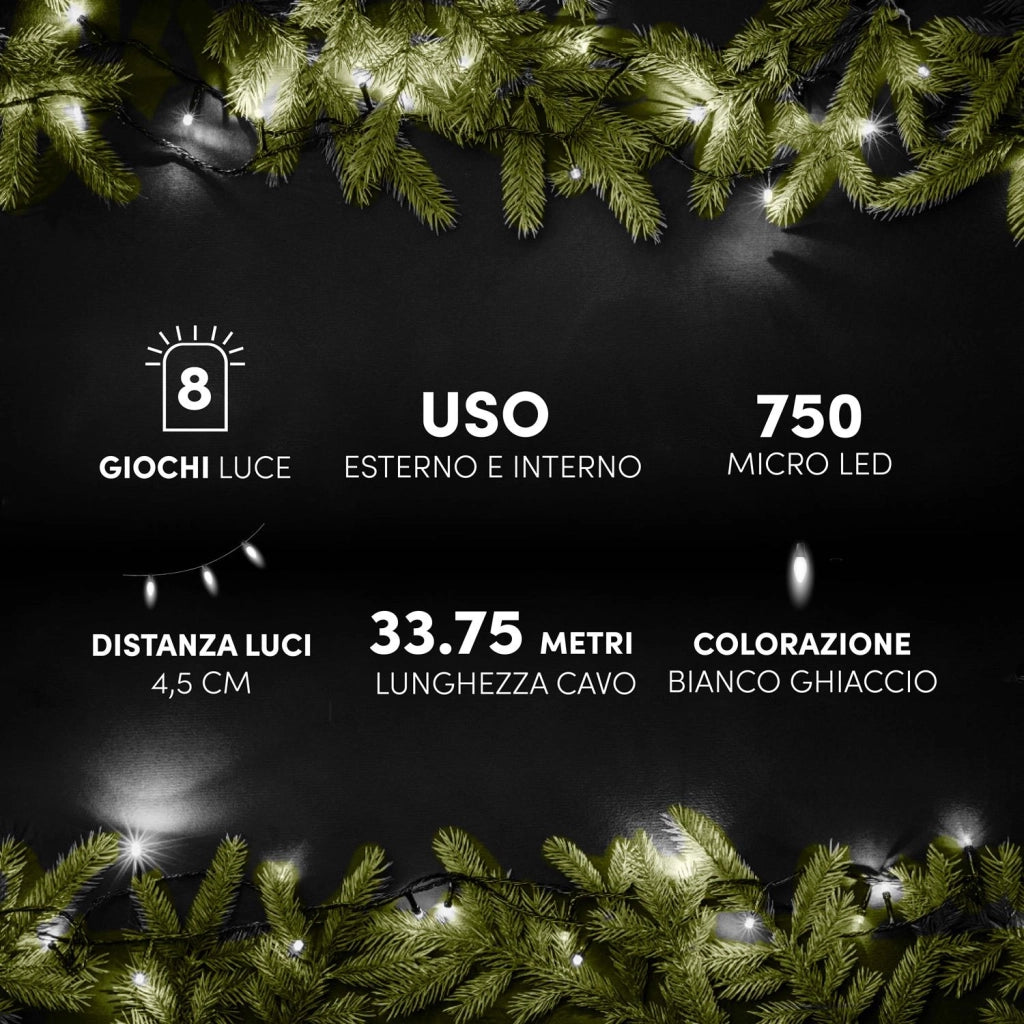 HIGH-TECH MINILUCCIOLE CON FILO TRASPARENTE 33,75 M CON 750 LED GHIACCIO