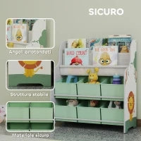 Scaffale Portagiochi con 6 Cassetti in Tessuto e Libreria a 2 Livelli, in Legno e Acciaio, 63x30x71 cm, Verde