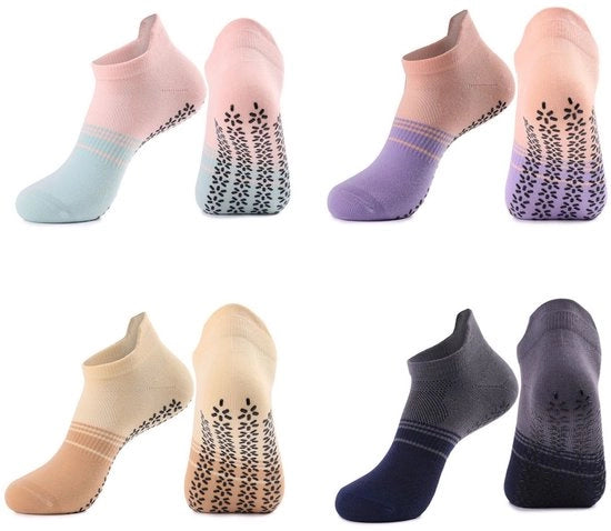 4 pacchi di calze antiscivolo per donne - Calze antiscivolo - Calze per corsa con scarico di sudore e respirazione - Calze antiscivolo per pavimento per interni - Adatto per yoga, pilates, balletto, allenamento a piedi nudi e corsa - Uno Size (35-39)