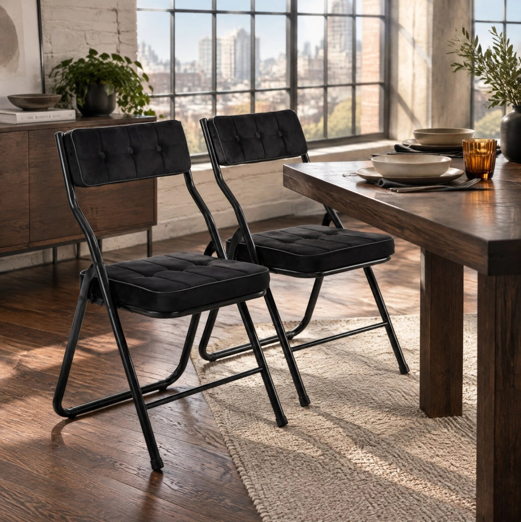 Sedia pieghevole da pranzo 46x47x90 cm nera, set da 2, con cuscino