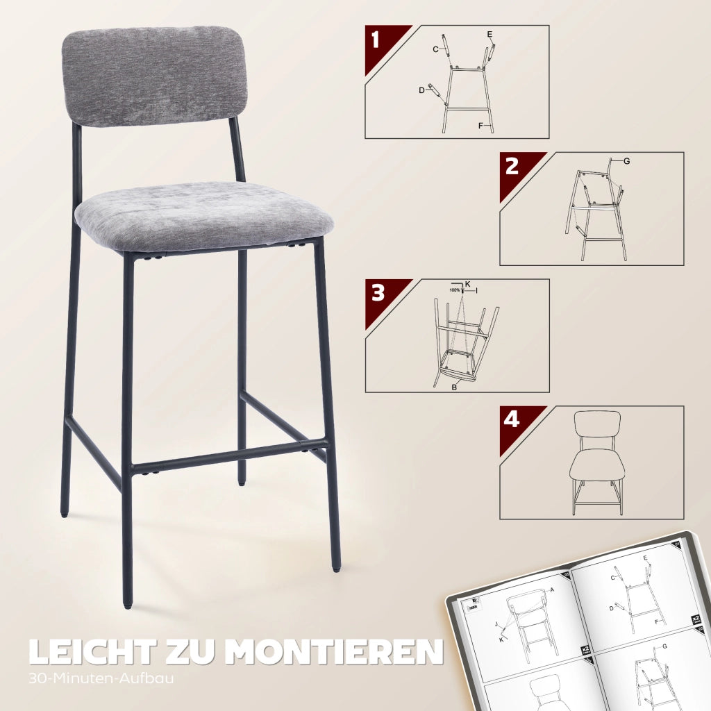 Set 2 Sedie da Bar Imbottite con Schienale e Poggiapiedi ¨C Zephmum ¨C Grigio Tessuto Metallo
