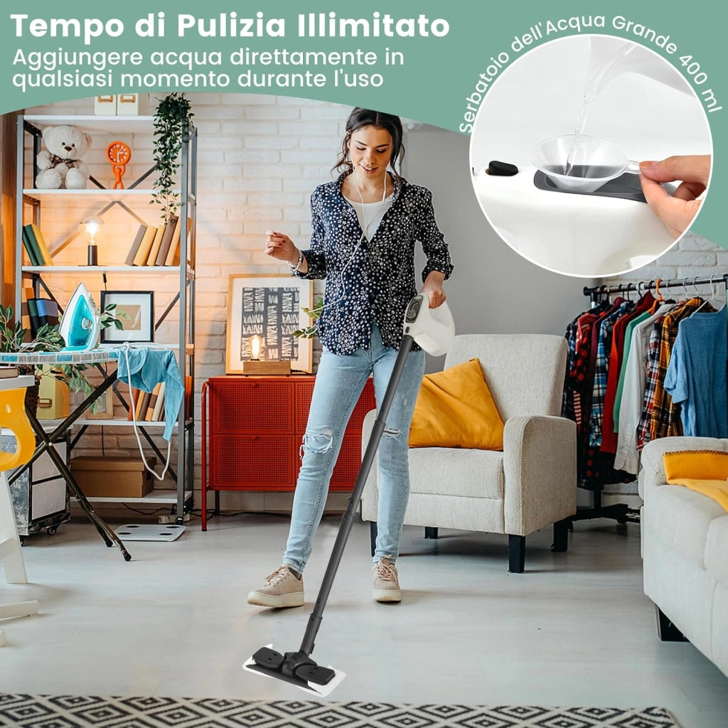1500W Pulitore a Vapore Portatile, Macchina a Vapore con Serbatoio d'Acqua da 400 ml Blocco per Bambini e Kit di Accessori da 14 Pezzi, 33x13x24,5 cm (Grigio)