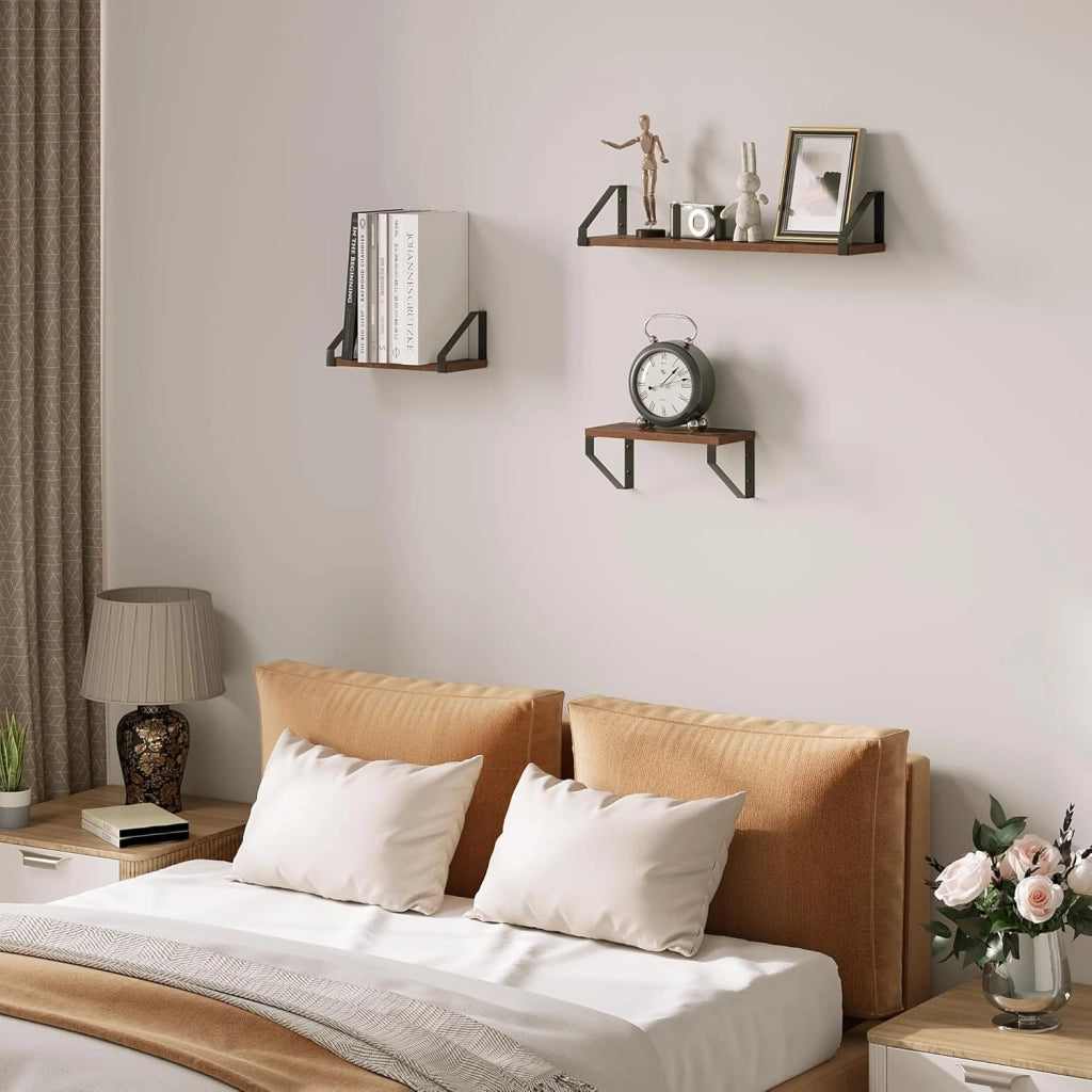 Set di 3 Mensole a Muro, Pensili da Cucina, Mensole per Bagno, Soggiorno, Camera da Letto, in Legno e Metallo, Effeto Legno Vintage e Nero, 60x15x11cm e 30x15x11cm