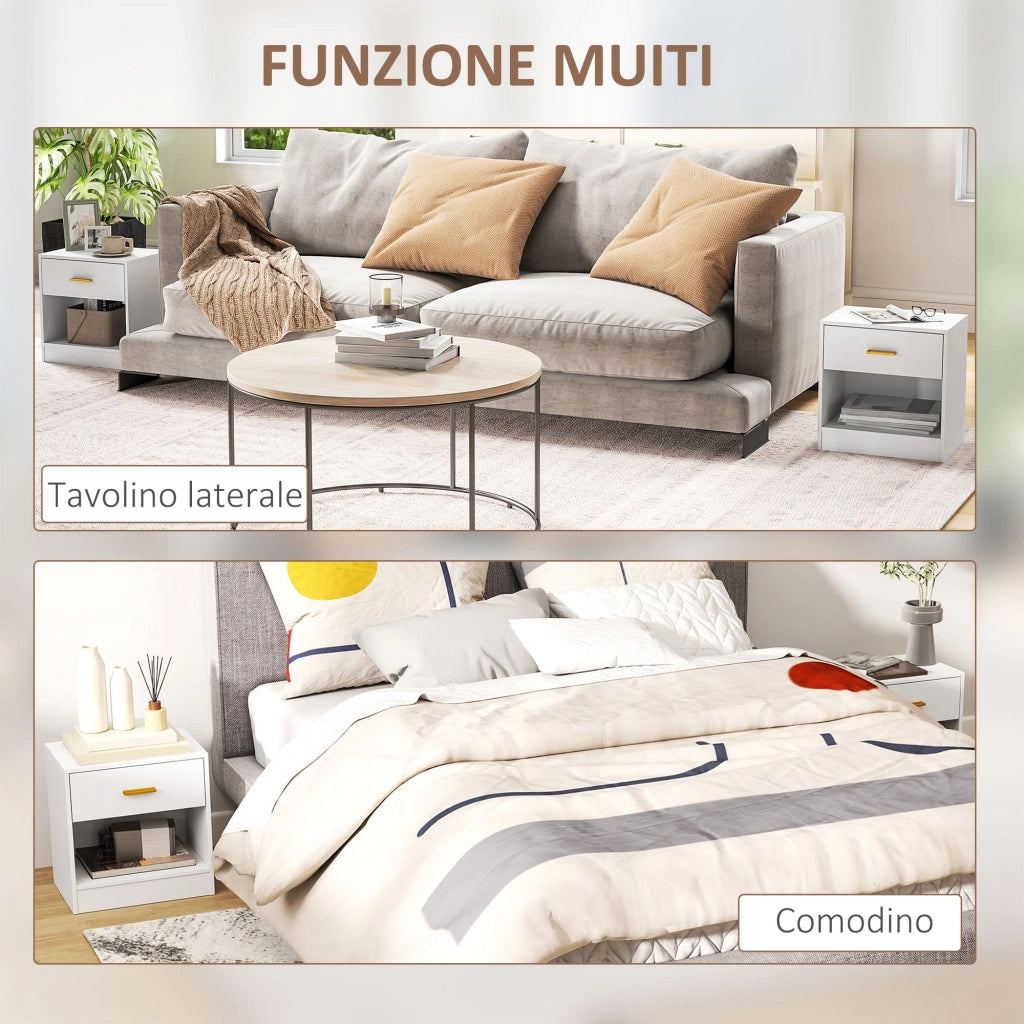 Set 2 Comodini con Cassetto e Ripiano a Giorno in Legno 39x28x41 cm Bianco