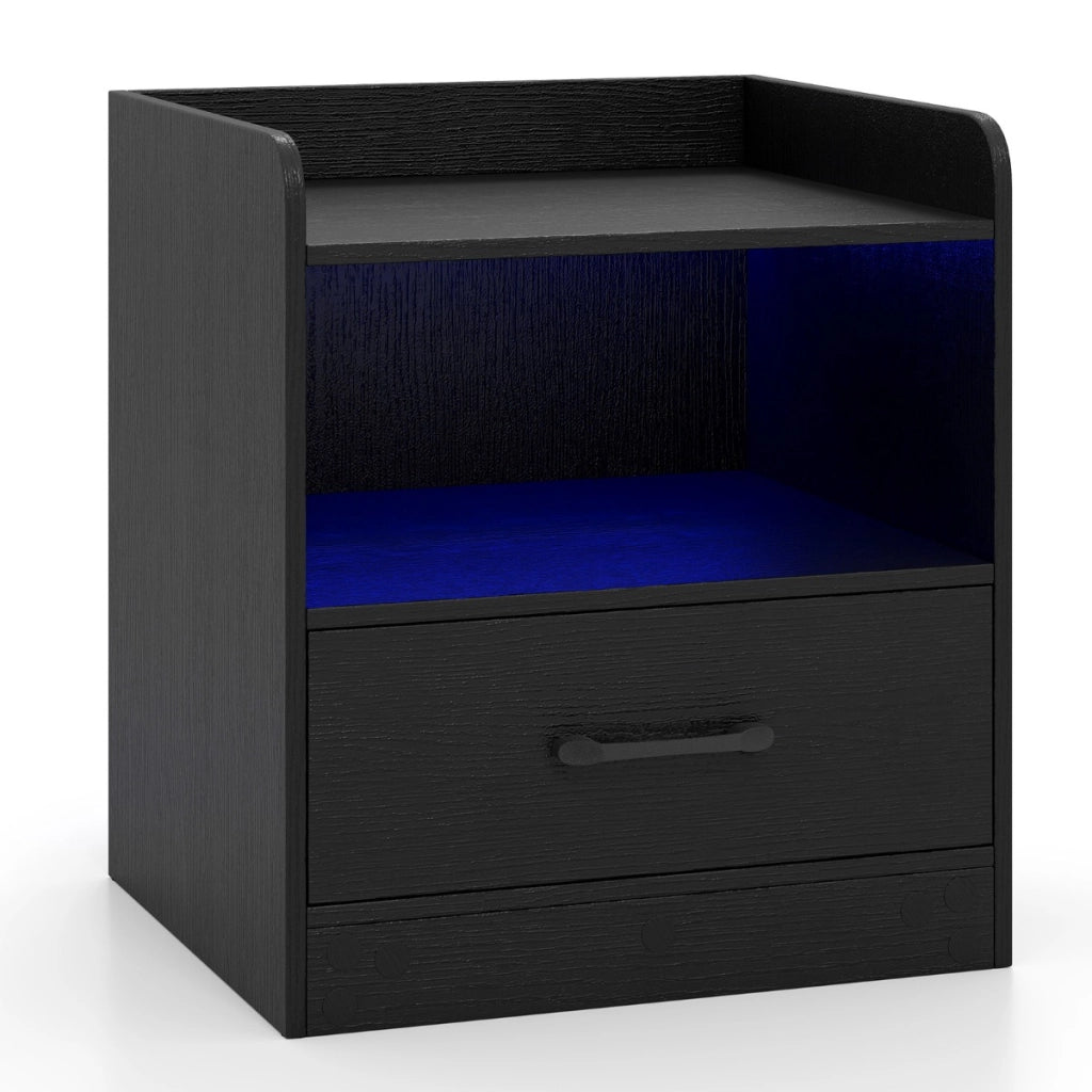 Tavolino da notte con mensola aperta e cassetto estraibile tavolino da salotto con luce, Comodino a 3 livelli Nero-Comodini