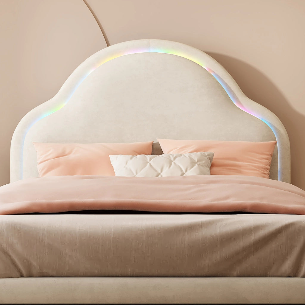 DESMIU Letto singolo 90 × 200 cm con strisce LED multicolore, testiera a nuvola, senza materasso, in velluto beige