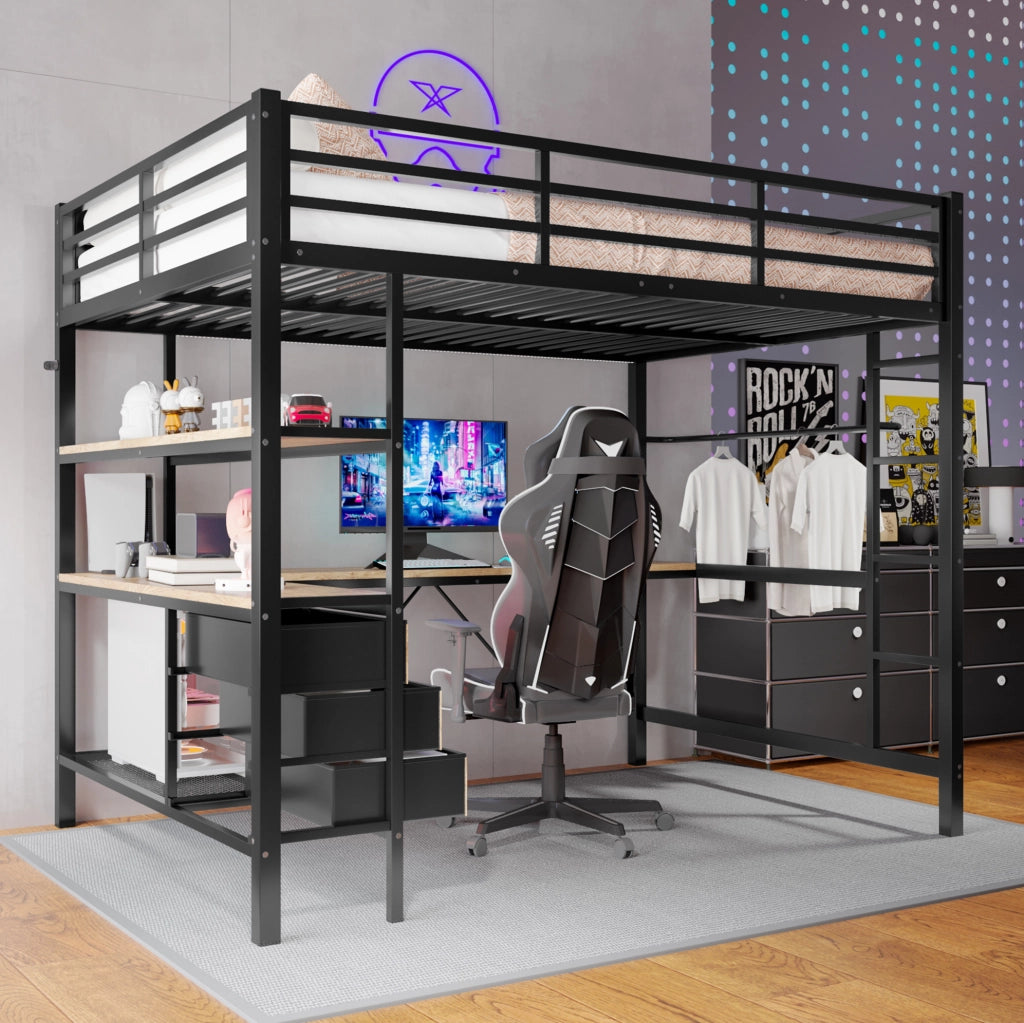 Letto a soppalco 140x200 cm con scrivania, LED e USB nero