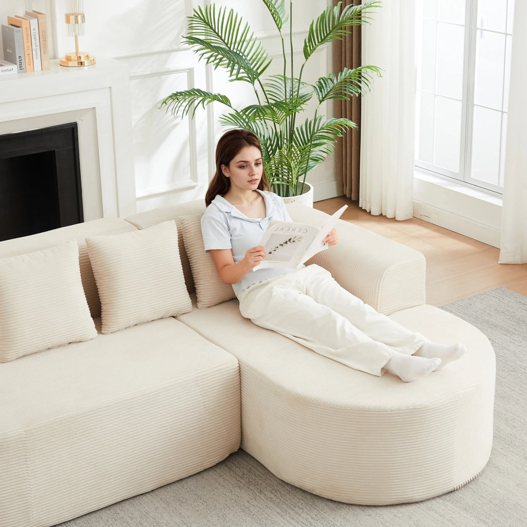 Divano angolare con chaise longue curva; in velluto a coste; beige 220 × 155 × 70 cm