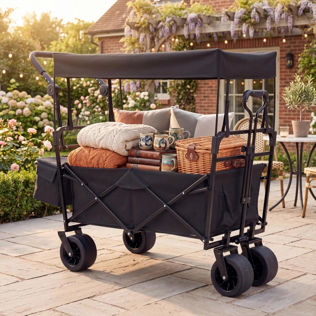 Carrello Spiaggia Pieghevole con Tetto, Carrello da Trasporto con Ruote Grandi e Borsa Portatutto, Carrello da Campeggio e Giardino, in Acciao Resistente, Chiusura Rapida, 100 KG, 100L (Nero)