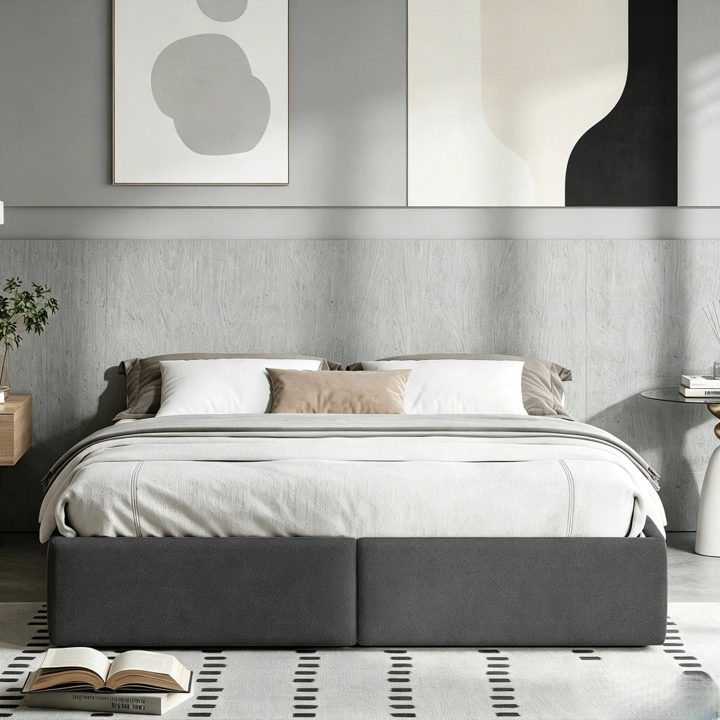 Letto matrimoniale contenitore 160x200 cm con vano idraulico e 2 cassetti rete a doghe senza testiera in lino grigio