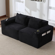 Divano modulare a 2 posti in velluto a coste con portabicchieri e tasche laterali nero per soggiorno 188 × 90 × 75 cm