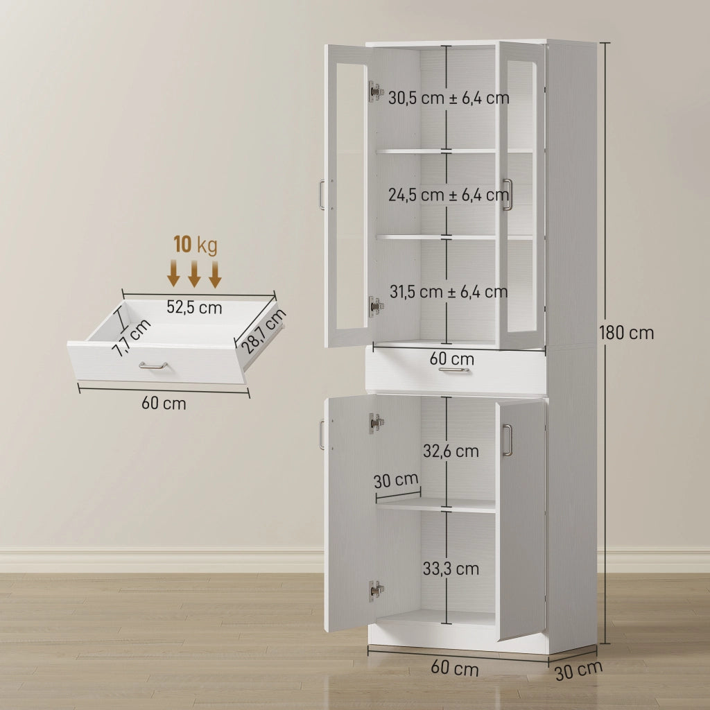 Credenza Cucina ¨C zephmum ¨C 4 Porte 2 Vetro, Cassetti, Bianco, 60x35x180cm