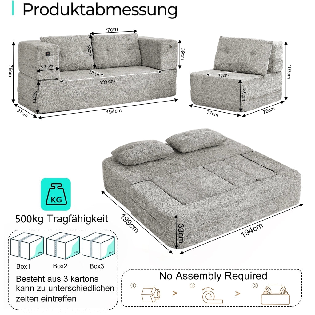 Divano modulare letto in tessuto con tasche laterali e schienale reclinabile, grigio chiaro 199 × 194 × 39 cm