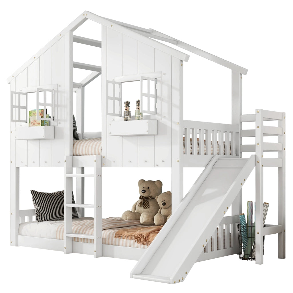 Letto a castello per bambini con scivolo e finestre 90x200 cm