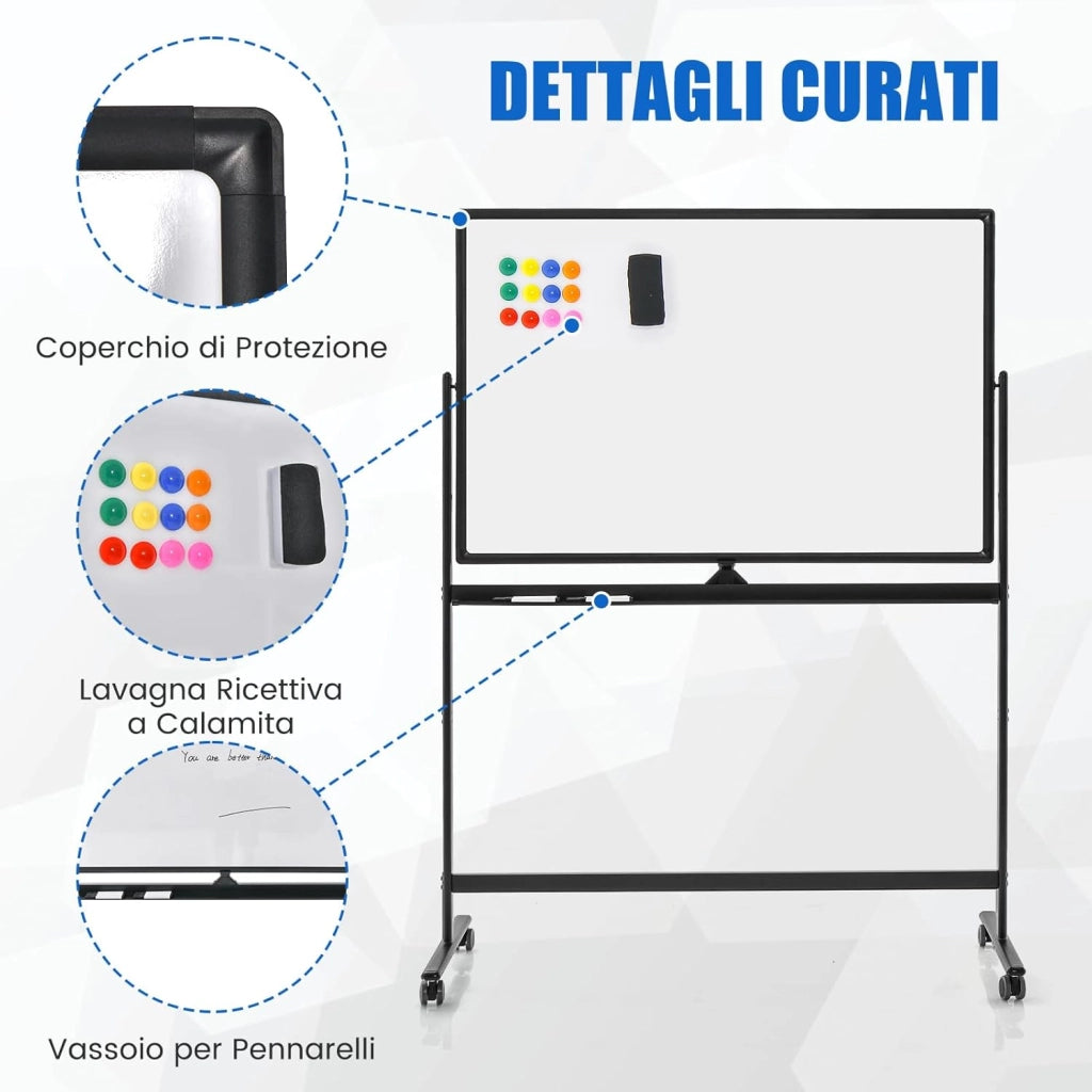 Lavagna Bianca Mobile 120 x 80 cm, Lavagna a Doppia Faccia Magnetica Cancellabile a Secco con Cavalletto e Ruote, Altezza Regolabile 2 Livelli, Accessori Completi (Nero)