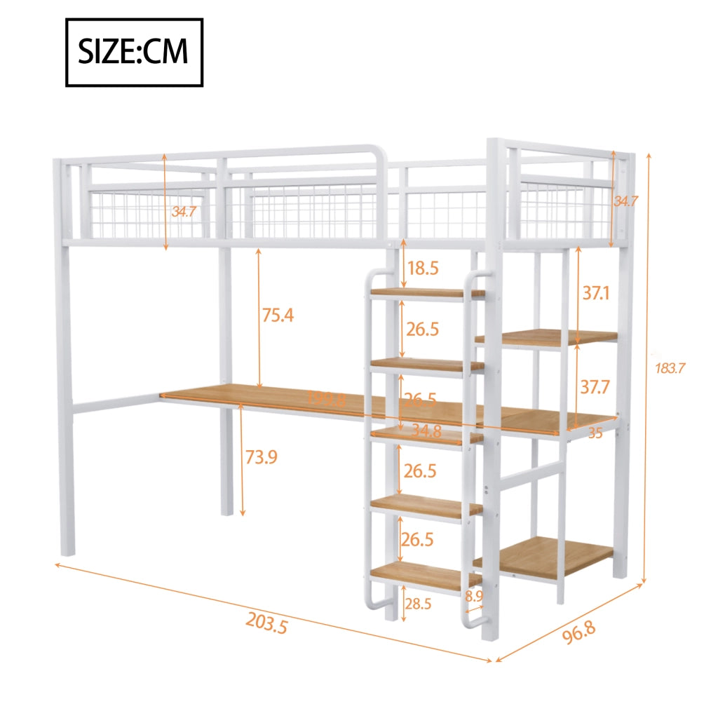 Letto a Soppalco Singolo con Scrivania; Scaffali e Scala Sicura; 90 × 200 cm; senza Materasso; Bianco