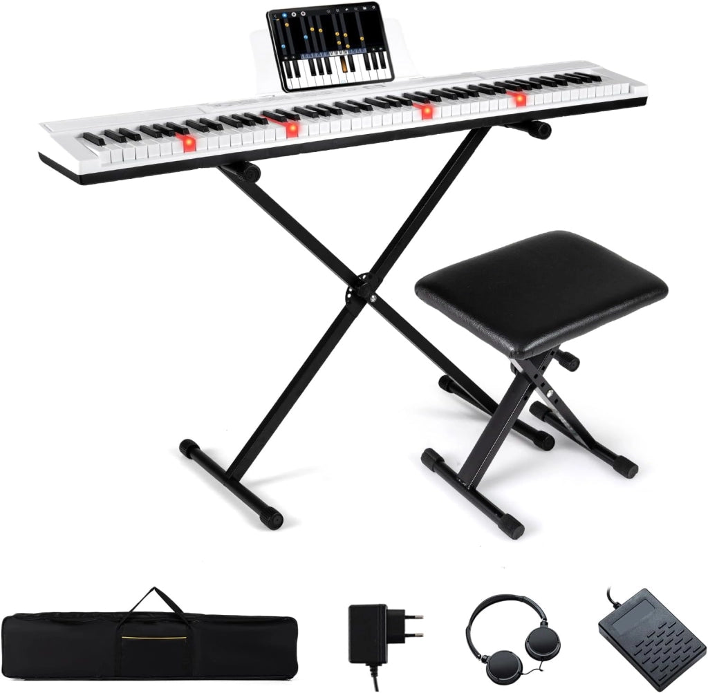 Tastiera Pianoforte Elettrico a 88 Tasti, Piano Digitale con Supporto e Sgabello Regolabili, Tastiera Sensibile, Tasti e Pulsanti Illuminati, Funzione MIDI, Pedale di Sustain, Cuffie (Nero)