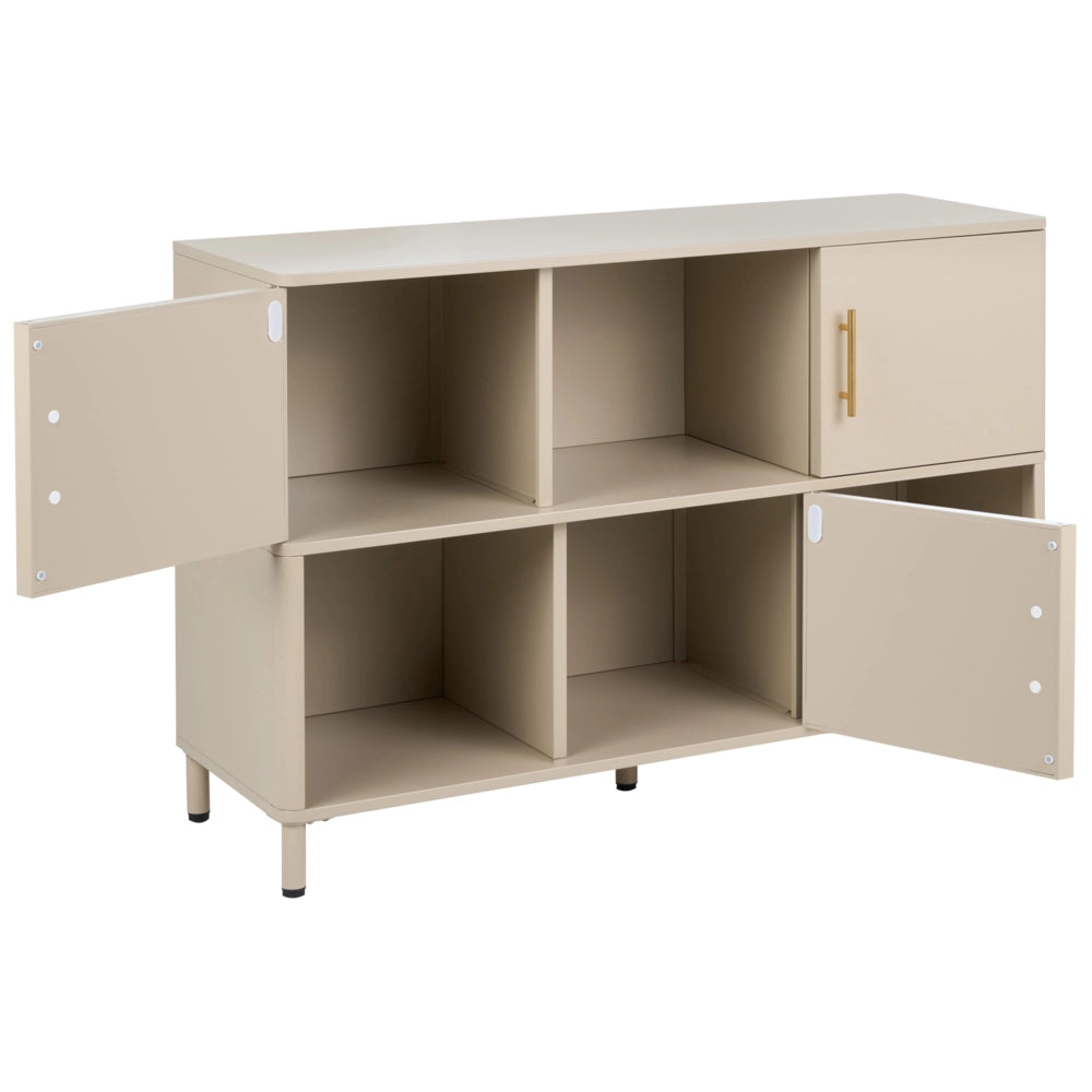 Credenza in acciaio color beige a 3 ante con ripiani aperti, angoli arrotondati e maniglie dorate