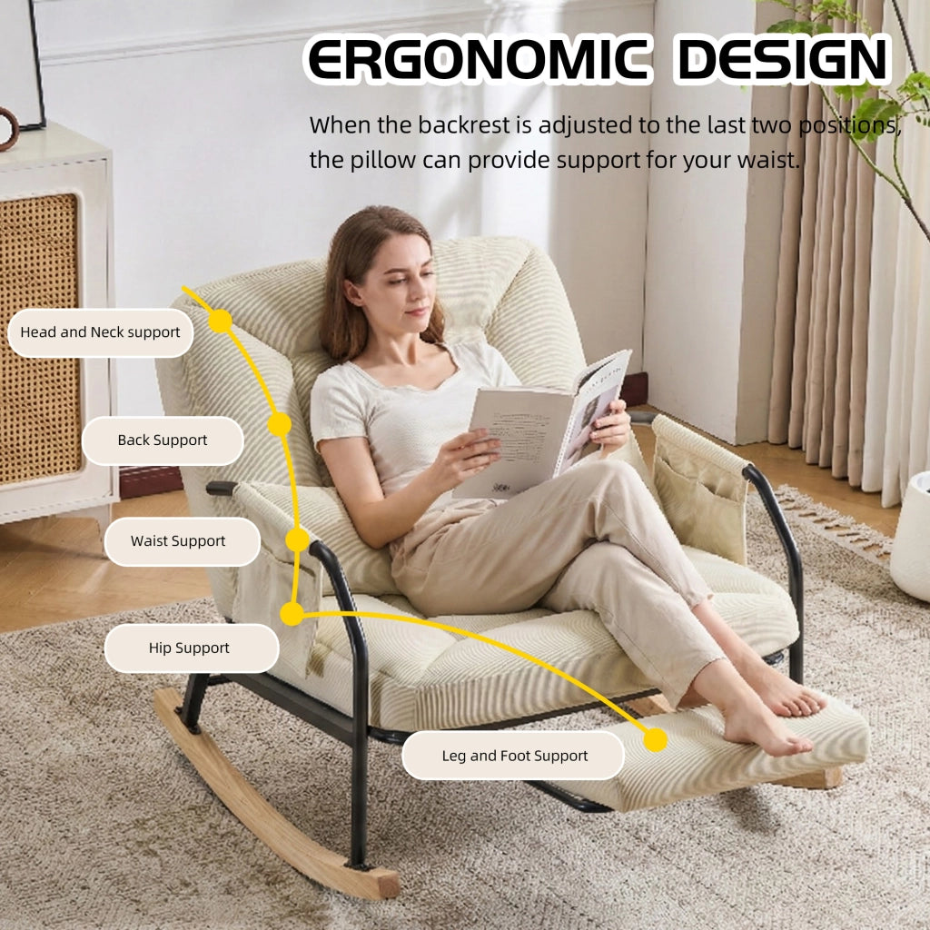 POLTRONA OSCILLANTE con schienale regolabile e poggiapiedi, Beige, velluto a coste