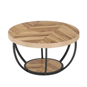 Tavolino da salotto rotondo con 2 ripiani e struttura in metallo; design minimalista; in legno e metallo