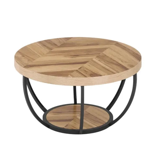 Tavolino da salotto rotondo con 2 ripiani e struttura in metallo; design minimalista; in legno e metallo