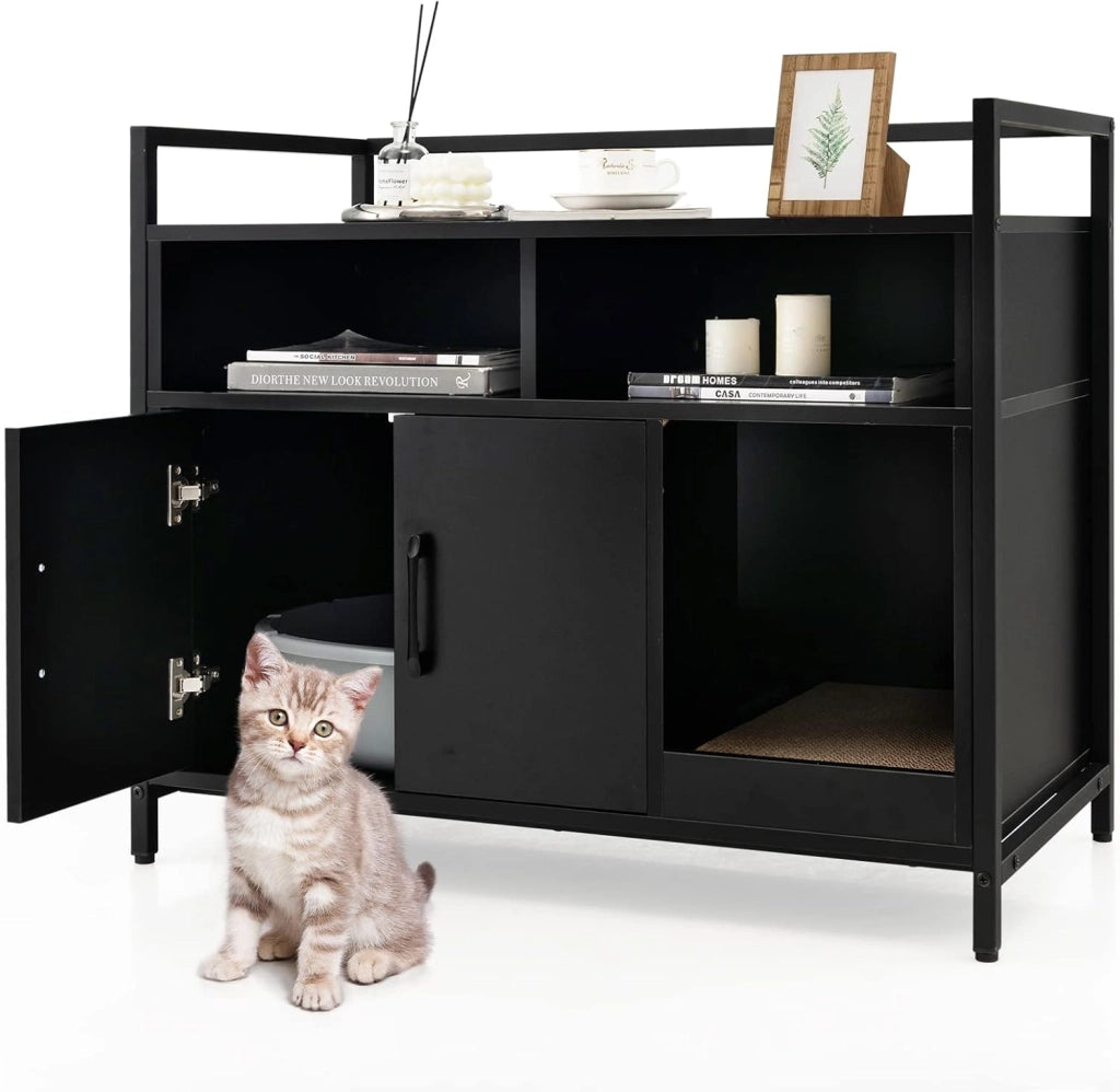 Mobile per Lettiera Gatti con Ripiani Aperti e Ripiani Chiusi con Maniglie, Mobiletto Multiuso in Legno e Metallo, Ideale per Ingresso e Soggiorno, Portata 50 kg (Bianco+Nero)