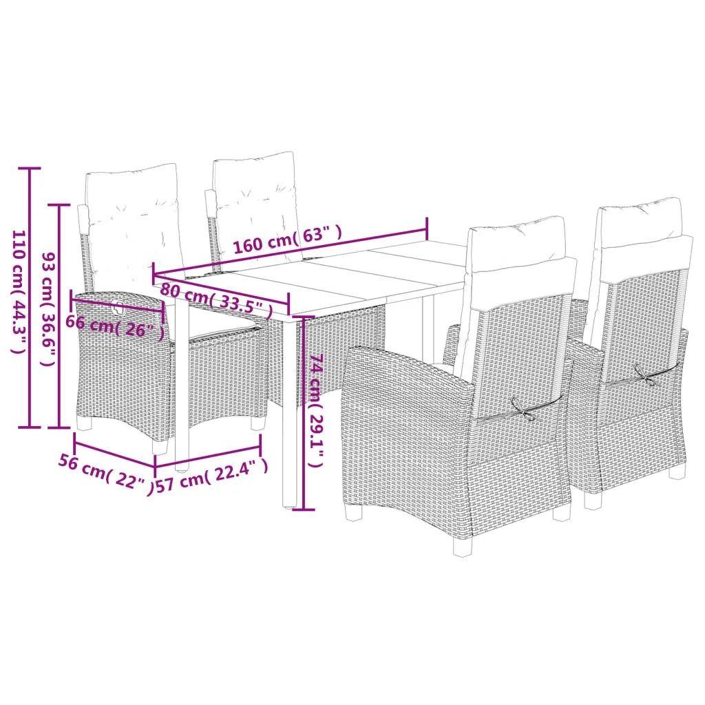 Set da Pranzo da Giardino 5 pz con Cuscini in Polyrattan Grigio