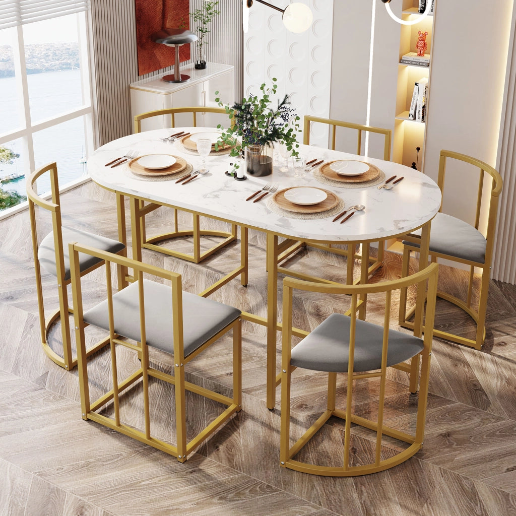 Tavolo da pranzo per 6 persone con sedie e schienale, cuscini grigi, struttura in ferro oro, in MDF, bianco