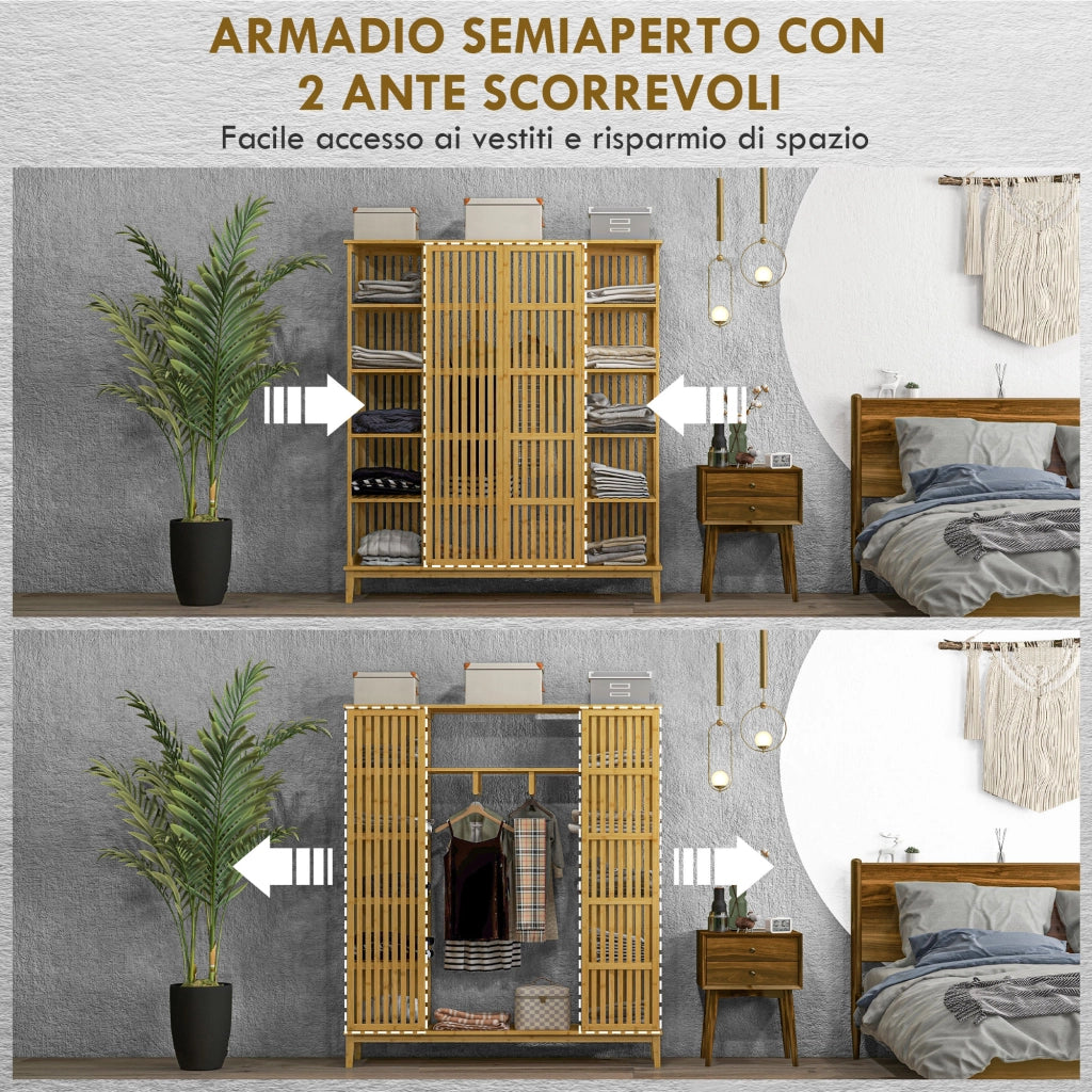 Armadio Scorrevole in Bamb¨´ con Ante, Ripiani e Appendiabiti ¨C Zephmum ¨C 145x35x165cm