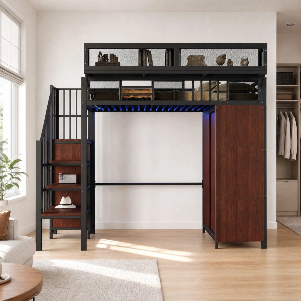 Letto a soppalco in metallo 90 x 200 cm con armadio, scala di sicurezza, LED e vani contenitivi, nero
