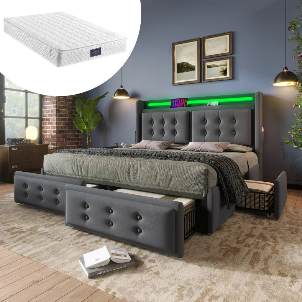 Letto imbottito 140x200 con LED, porte USB-C e USB, 4 cassetti, rete a doghe e materasso incluso, grigio