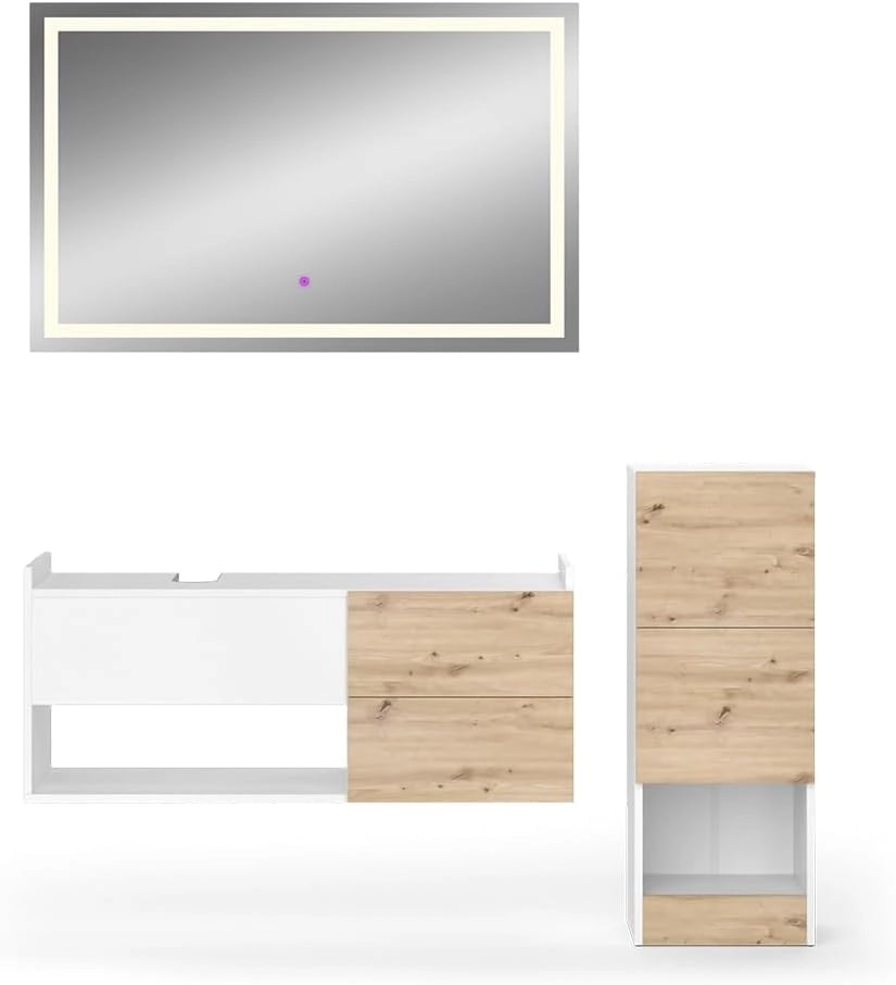 Set di mobili da bagno Alf, Bianco, 105 cm, composto da mobile sottolavabo, specchiera e mobile medio