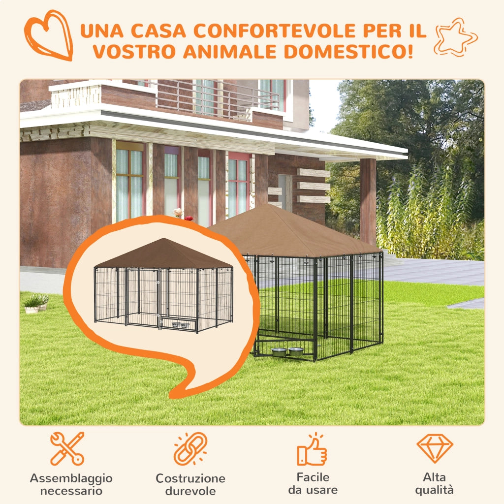 Recinto per Cani 211x141x151 cm con Porticina per Ciotole in Metallo e Tessuto Oxford Nero e Marrone