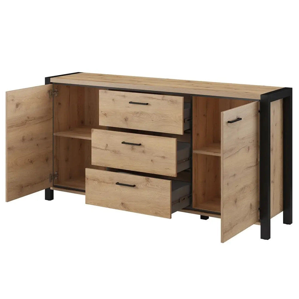 Buffet 180cm collezione TIVORA 2 ante, 3 cassetti. Colore rovere e nero