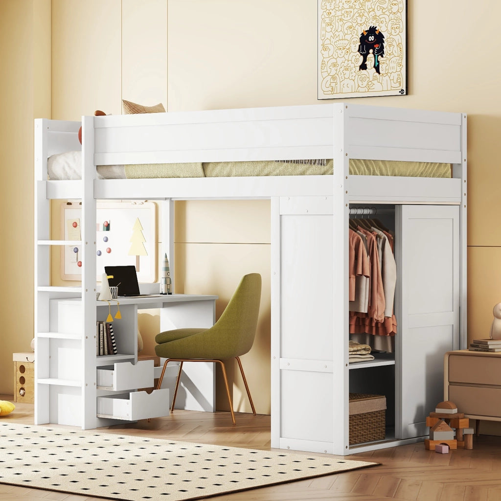 Letto a castello bianco in pino con scrivania armadio e cassetti 90x200 cm