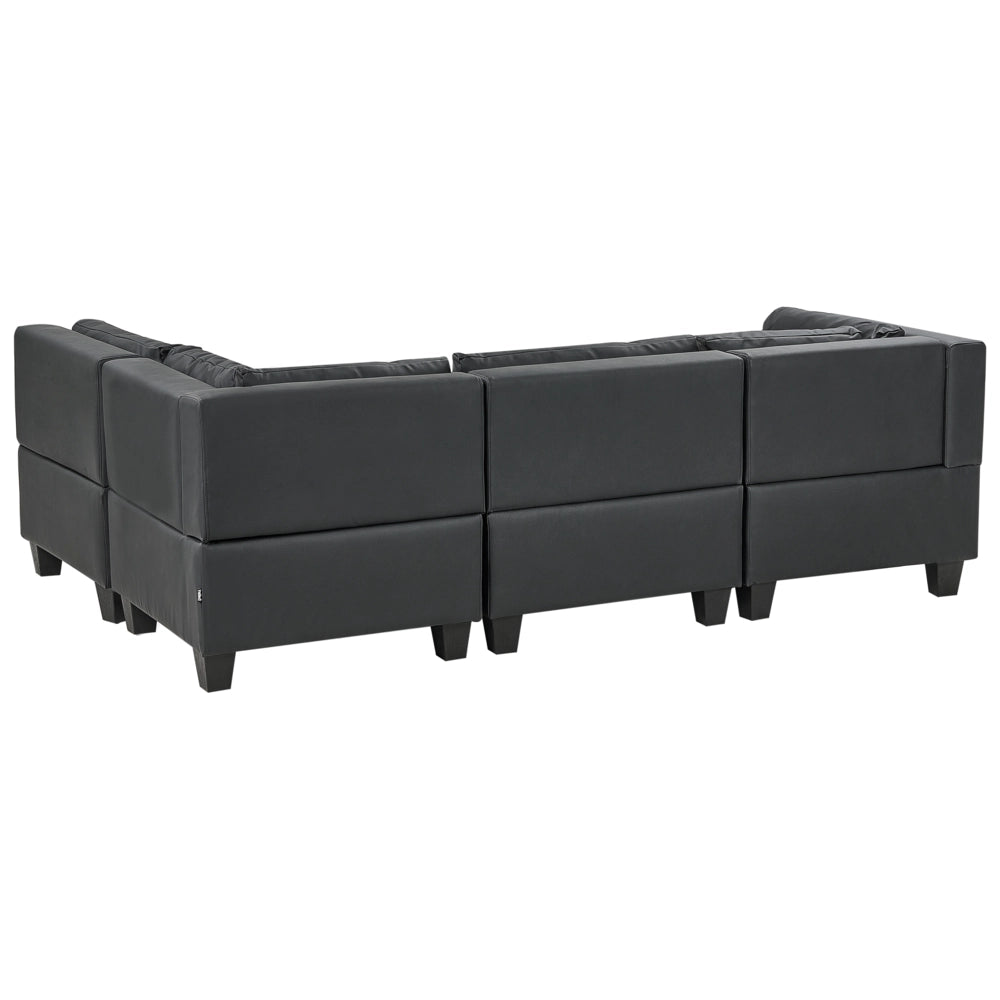 Divano componibile 4 posti imbottito in tessuto nero con gambe nere schienale imbottito lato sinistro con pouf stile moderno