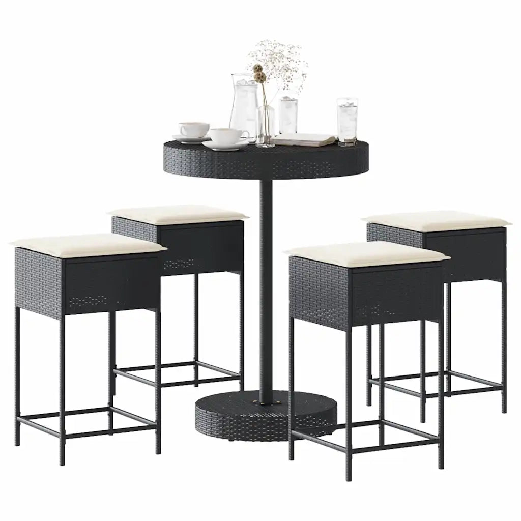 Set Bar da Giardino 5 pz | Set Salotto da Giardino con Cuscini in Polyrattan Nero
