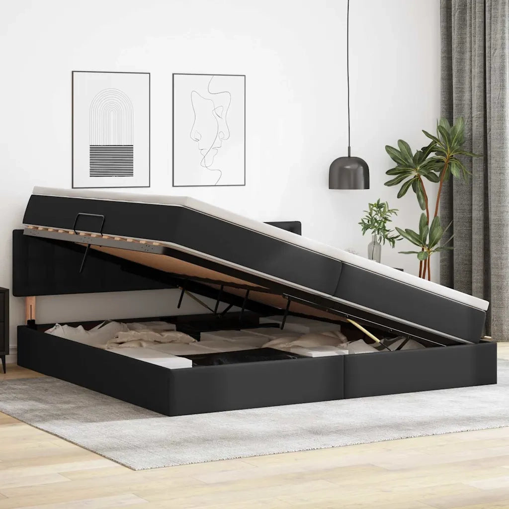 Letto con contenitore e materasso Nero 200 x 200 cm