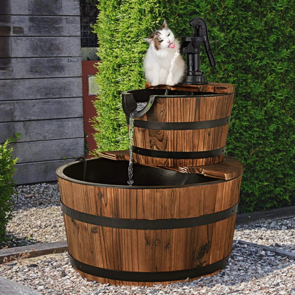 Fontana da Giardino 2 Piani con Pompa d'Acqua, Legno di Abete, Perfetto per Esterno, 61 x 44,5 x 44,5 cm