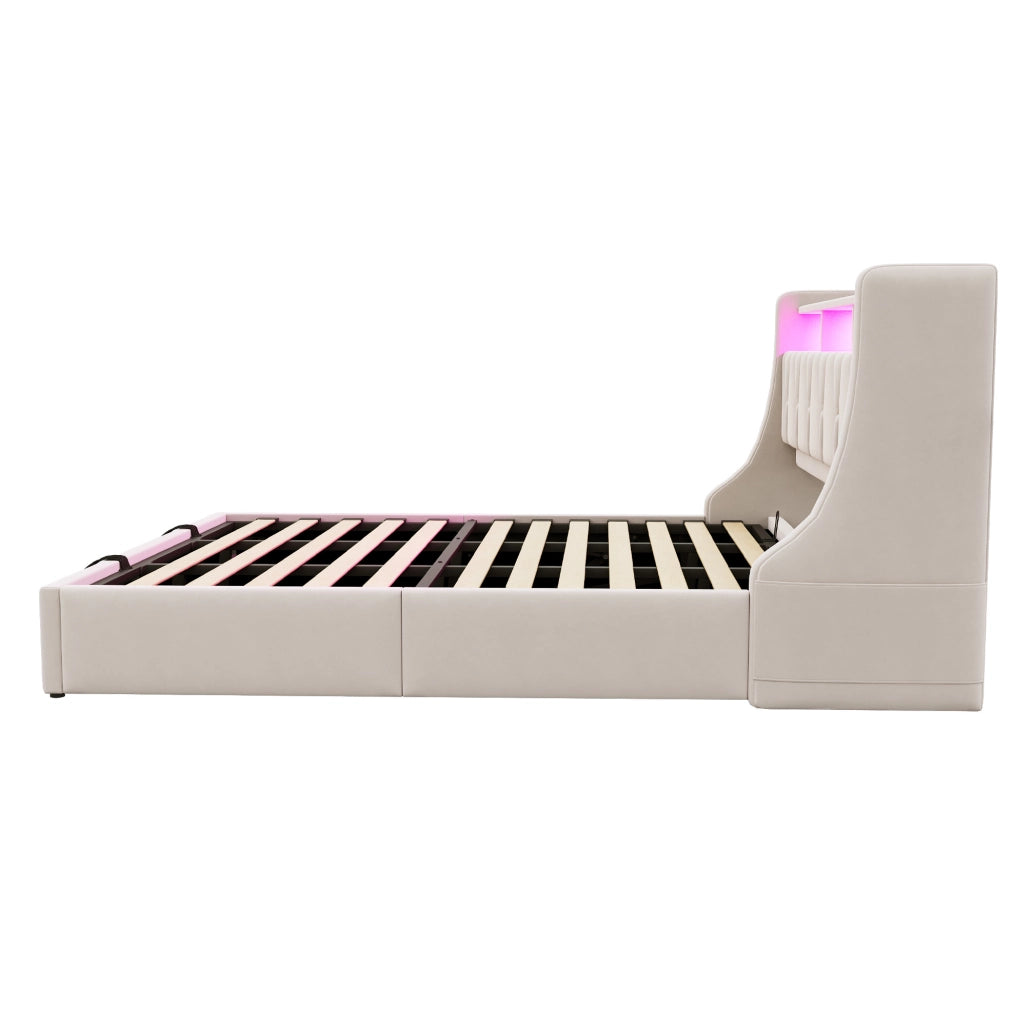 Letto matrimoniale 180x200 cm in velluto beige con contenitore; LED e testiera con prese USB/C